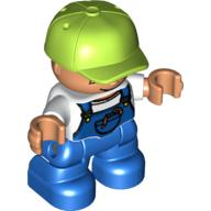 Деталь LEGO Duplo Figure Child with Lime Cap - White Shirt under Blue Coveralls with worms in Pocket - Light Flesh Face and Hands - Blue Legs, Белый