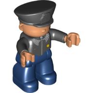 Деталь LEGO Duplo Figure with Black Hat (Police) - Black Top with Badge - Light Flesh Face and Hands - Dark Blue Legs, Черный