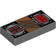 Деталь LEGO Tile 1 x 2 with Groove and Copper and White Circuitry, Red Rectangle and 4 Squares Print, Темный сине-серый