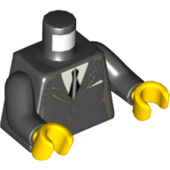 Деталь LEGO Torso Formal Jacket, 2 Buttons and Pocket with White Cloth/Paper, Gray Tie Print, Black Arms, Yellow Hands, Черный
