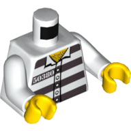 Деталь LEGO Torso Prison Shirt, '50380', Dark Bluish Gray Stripes, 5 Buttons, Hairy Chest Print, White Arms, Yellow Hands, Белый