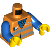 Деталь LEGO Torso Vest with Reflective Safety Stripes, Pocket and Train Logo Print, Blue Arms, Yellow Hands, Оранжевый