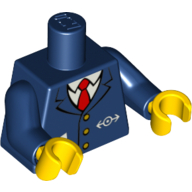Деталь LEGO Torso Jacket with Train Logo, Three Gold Buttons, Red Tie, Pencil and Paper in Pocket Print, Dark Blue Arms, Yellow Hands, Темно-синий