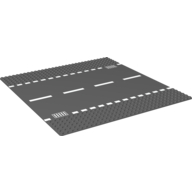 Деталь LEGO Baseplate 32 x 32 with 6-Stud Straight and Road with White Dashed Lines and Storm Drain Print, Темный сине-серый