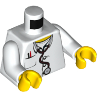 Деталь LEGO Torso Hospital Lab Coat, Open Collar, Stethoscope, Pocket Pen and Thermometer Print, White Arms, Yellow Hands, Белый