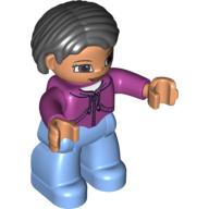 Деталь LEGO Duplo Figure Lego Ville, Female, Medium Blue Legs, Magenta Top, Black Hair, Brown Eyes, Пурпурный