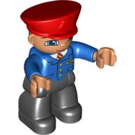 Деталь LEGO Duplo Figure Lego Ville, Male, Black Legs, Blue Jacket with Tie, Flesh Hands, Red Hat, Smile with Closed Mouth (Train Conductor), Голубой