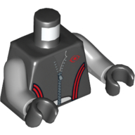 Деталь LEGO Torso Leather Jacket with Zip, Red Lines and Logo Print, Light Bluish Gray Arms, Black Hands, Черный
