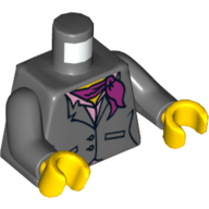 Деталь LEGO Torso Suit Jacket, Two Buttons, Pink Shirt and Magenta Scarf Print, Dark Bluish Gray Arms, Yellow Hands, Темный сине-серый