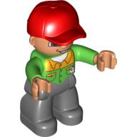 Деталь LEGO Duplo Figure with Cap Red, with Bright Green Long Sleeve Shirt with Light Orange Collar and Pocket Flaps - Flesh Face with Open Mouth Smile - Dark Bluish Gray Legs, Ярко-зеленый