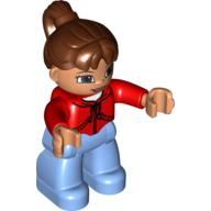 Деталь LEGO Duplo Figure Female with Brown Ponytail Hair, Brown Eyes, Red Top, Bright Light Blue Legs, Красный