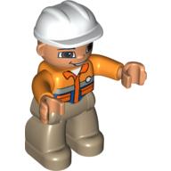 Duplo Figure with Construction Helmet White, and Orange Long Sleeve Jacket, Light Flesh Face and Hands, and Dark Tan Legs