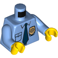 Деталь LEGO Torso Police Shirt with Gold Badge, Dark Blue Tie and 'POLICE' Print on Back, Medium Blue Arms, Yellow Hands, Средне-голубой