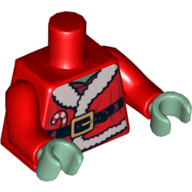 Деталь LEGO Torso Santa Jacket with Fur, Black Belt and Candy Cane Print, Red Arms, Sand Green Hands, Красный