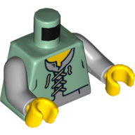 Деталь LEGO Torso Peasant Vest over Light Bluish Gray Shirt Print, Light Bluish Gray Arms, Yellow Hands, Песочно-зеленый
