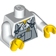 Деталь LEGO Torso Sand Blue Overalls with Wheat Ear in Pocket Print, White Arms, Yellow Hands, Белый