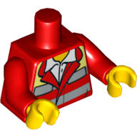 Деталь LEGO Torso Jacket, Open Collar with White Shirt, Safety Stripes, EMT Star of Life on Back Print, Red Arms, Yellow Hands, Красный