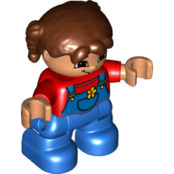 Деталь LEGO Duplo Figure Child with Reddish Brown Pigtails(Braids) - Red Top Under Blue Overalls with Yellow Flower in Pocket - Light Flesh Face and Hands - Blue Legs, Красный