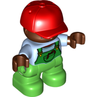 Деталь LEGO Duplo Figure Child with Red Cap - Light Bright Blue Shirt under Green Coveralls - Dark Brown Face and Hands - Bright Green Legs, Ярко-светло-голубой