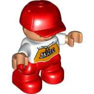 Деталь LEGO Duplo Figure Child with Red Cap - White Shirt with 'SKATE' print - Light Flesh Face and Hands - Red Legs, Белый