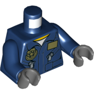 Деталь LEGO Torso Flight Suit Jacket with Name Tag and Police Badge, Zippered Pockets Print, Dark Blue Arms, Dark Bluish Gray Hands, Темно-синий