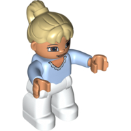 Деталь LEGO Duplo Figure Female with Tan Ponytail Hair, Brown Eyes, Bright Light Blue Top, White Legs,, Ярко-светло-голубой