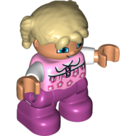 Деталь LEGO Duplo Figure Child with Tan Pigtails/Braids - Bright Pink Top with Flowers and White Sleeves - Light Flesh Face and Hands - Magenta Legs, Ярко-розовый