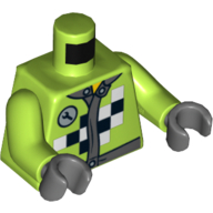 Деталь LEGO Torso Race Jacket with Wrench and Black and White Checkered Print, Lime Arms, Dark Bluish Gray Hands, Лайм