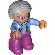 Duplo Figure Lego Ville, Female, Magenta Legs, Medium Blue Top with Flower, Light Bluish Gray Hair, Blue Eyes, Glasses