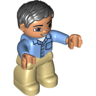 Деталь LEGO Duplo Figure - Male with Parted Wavy Hair and Light Flesh Face - Shirt with Collar, Pocket, and 4 Buttons, Средне-голубой