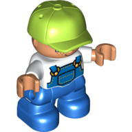 Duplo Figure Child with Lime Cap - White Shirt under Blue Coveralls with Pocket - Light Flesh Face with Freckles - Blue Legs