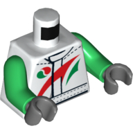 Деталь LEGO Torso Octan Racing Suit with Red and Green Stripe Print, Green Arms, Dark Bluish Gray Hands, Белый