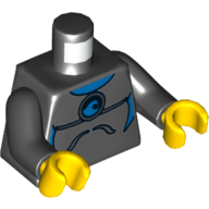 Деталь LEGO Torso Wetsuit with Blue Sign and Lines and Dark Bluish Gray Stripes Front and Silver Zipper Back Print, Black Arms, Yellow Hands, Черный