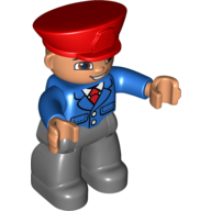 Duplo Figure, Male, Dark Bluish Gray Legs, Blue Jacket with Tie, Red Hat, Smile with Teeth (Train Conductor)