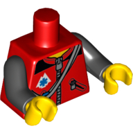 Деталь LEGO Torso Zipper Jacket with Ropes, Blue Carabiners and EMT Star of Life Print, Black Arms, Yellow Hands, Красный