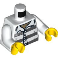 Деталь LEGO Torso Prison Shirt, '86753', Dark Bluish Gray Stripes, Buttons, Hairy Chest Print, White Arms, Yellow Hands, Белый