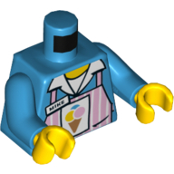 Деталь LEGO Torso Pink Apron with White Stripes with Ice Cream Cone and 'MIKE' Name Tag Print, Dark Azure Arms, Yellow Hands, Темно-лазурный