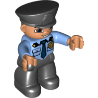 Деталь LEGO Duplo Figure Adult - Black Hat (Police) - Medium Blue Top with Pockets and Badge - Light Flesh Face and Hands - Black Legs, Средне-голубой