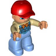 Деталь LEGO Duplo Figure Adult with Red Cap - Tan Shirt and Orange Bandana(Scarf) under Blue Coveralls - Light Flesh Face and Hands - Medium Blue Legs, Песочный