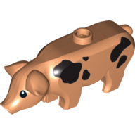 Деталь LEGO Animal, Pig, Large with Black Spots Print [Plain Ears], Телесный
