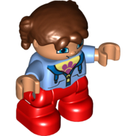 Деталь LEGO Duplo Figure Child with Reddish Brown Pigtails(Braids) - Medium Blue Jacket over Shirt with Pink Flower - Light Flesh Face and Hands - Red Legs, Средне-голубой