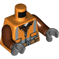 Деталь LEGO Torso Safety Vest with Reflective Stripes, Reddish Brown Shirt, Belt with Pouches and Pliers Print, Reddish Brown Arms, Dark Bluish Gray Hands, Оранжевый