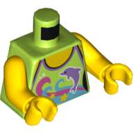 Деталь LEGO Torso Halter Top with Dolphin, Pink and Medium Azure Swirls and Yellow Stars Print, Yellow Arms and Hands, Лайм