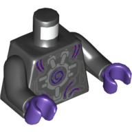Деталь LEGO Torso Robot with Silver Framework, Dark Purple Wires and Center Swirl Print, Black Arms, Dark Purple Hands, Черный