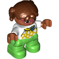 Деталь LEGO Duplo Figure Child with Brown Pigtails/Braids - Yellow Halter Top with White Dots and Blue Bow over White Long Sleeve Top - Medium Flesh Face with Magenta Glasses - Green Legs, Белый