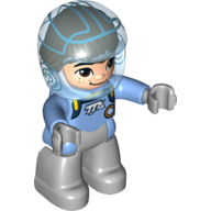 Деталь LEGO Duplo Adult Figure with Space Helmet - Medium Blue Spacesuit with Badge and Light Bluish Gray Gloves - Light Flesh Face with Freckles - Light Bluish Gray Legs, Средне-голубой
