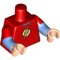 Деталь LEGO Torso, Dual Molded Arms, Shirt with Yellow Lightning Bolt, Flash Symbol Print, Red Sleeves Pattern, Medium Blue Arms, Light Flesh Hands, Красный