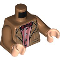 Деталь LEGO Torso Tweed Suit Jacket over Red Stripe Button Down Shirt and Dark Red Bowtie print, Medium Dark Flesh Arms, Light Flesh Hands, Средне-темный телесный