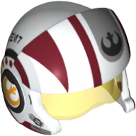 Деталь LEGO Minifig Helmet SW Rebel Pilot Raised Front with Trans-Yellow Visor and Dark Red Stripes and Black Rebel Logo Print, Белый