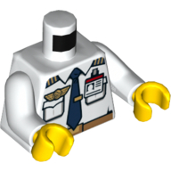 Деталь LEGO Torso Shirt, Pockets, Wings, ID Badge, Dark Blue Tie with Clip, Belt Print (Pilot), White Arms, Yellow Hands, Белый